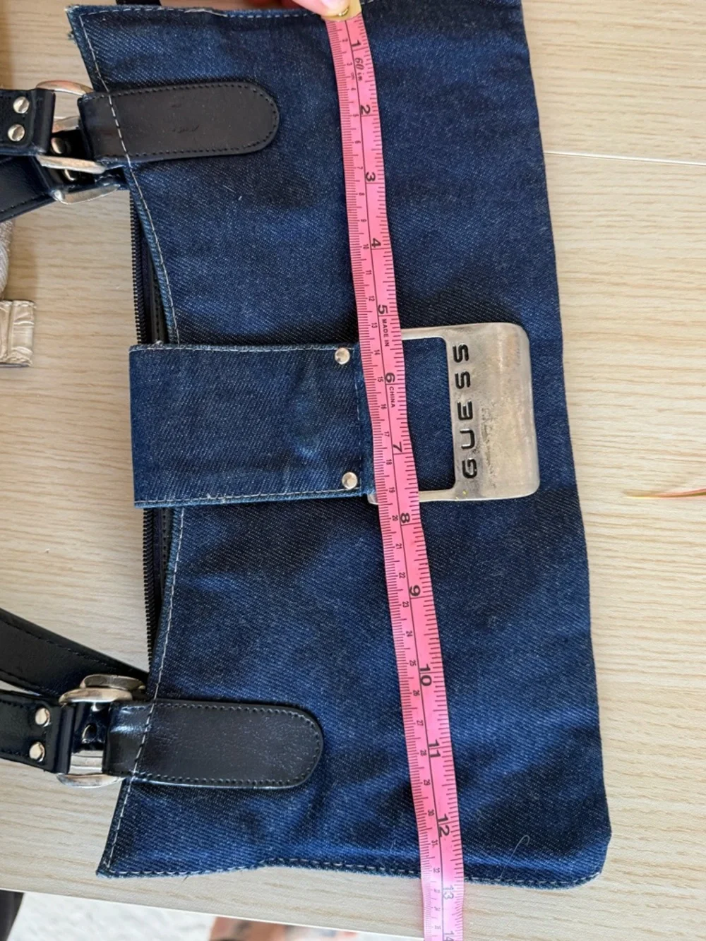 Guess Denim Shoulder Bag Y2K Buckle Detail Dark Wash - Picture 8 of 8